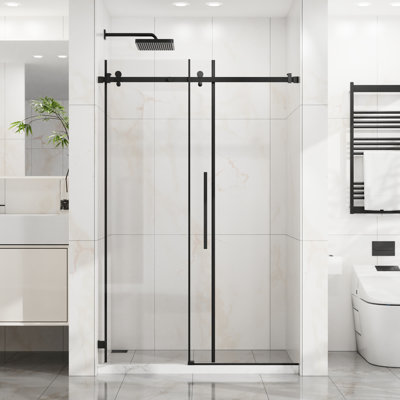 44 po - 48 po de largeur réglable, porte de douche H 72 po, verre trempé transparent de 6 mm, joint imperméable, porte de salle de bain moderne coulissante avec quincaillerie en acier inoxydable de 1/4 po de 6 mm, finition noir mat, facile à nettoyer