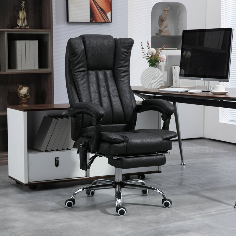 Fauteuil de bureau à haut dossier, noir, avec massage à 6 points et chauffage, fauteuil en microfibre de massage noir, chauffage, hauteur réglable et repose-pieds