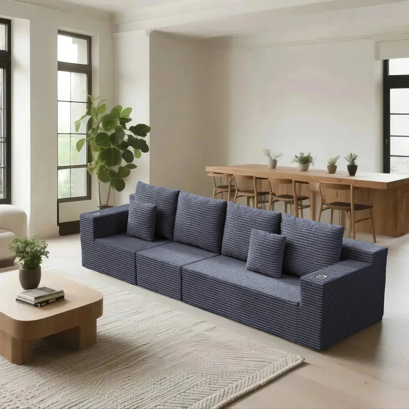 Canapé modulaire Luxe avec porte-gobelets Luxe, Velours côtelé gris
