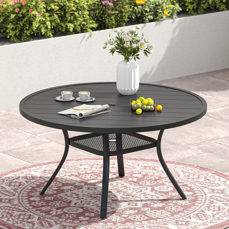 Teressa Round Metal Outdoor Dining Table With Umbrella Hole , 53'' in. W 53'' in. D, Black/Black, 28''H x 47.2''W x 47.2''L