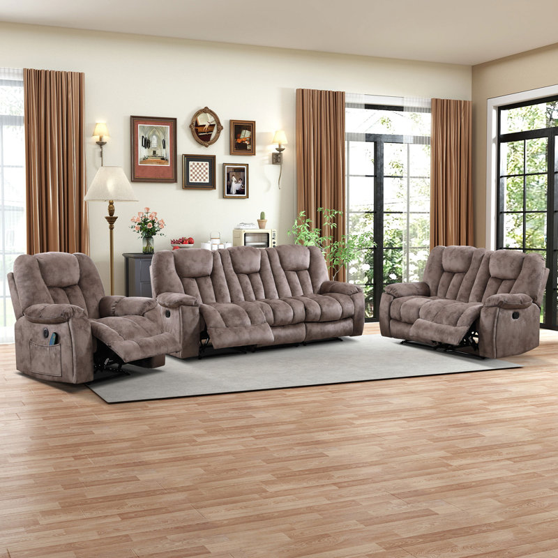 Ensemble de salon inclinable en microfibre 3 pièces avec fauteuil inclinable électrique, causeuse manuelle et canapé manuel