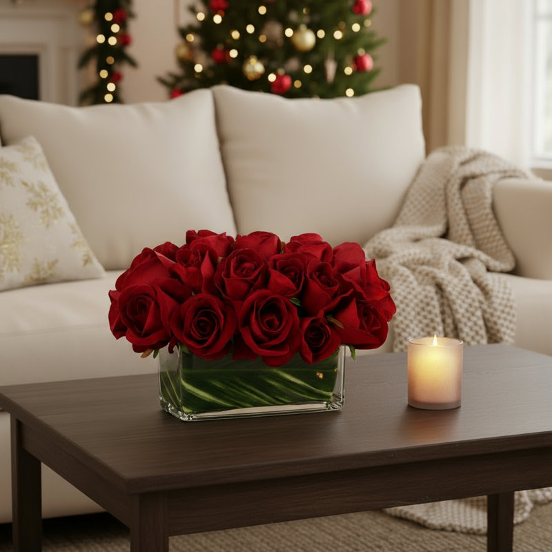 Roses disposées dans un vase en verre, Rouge