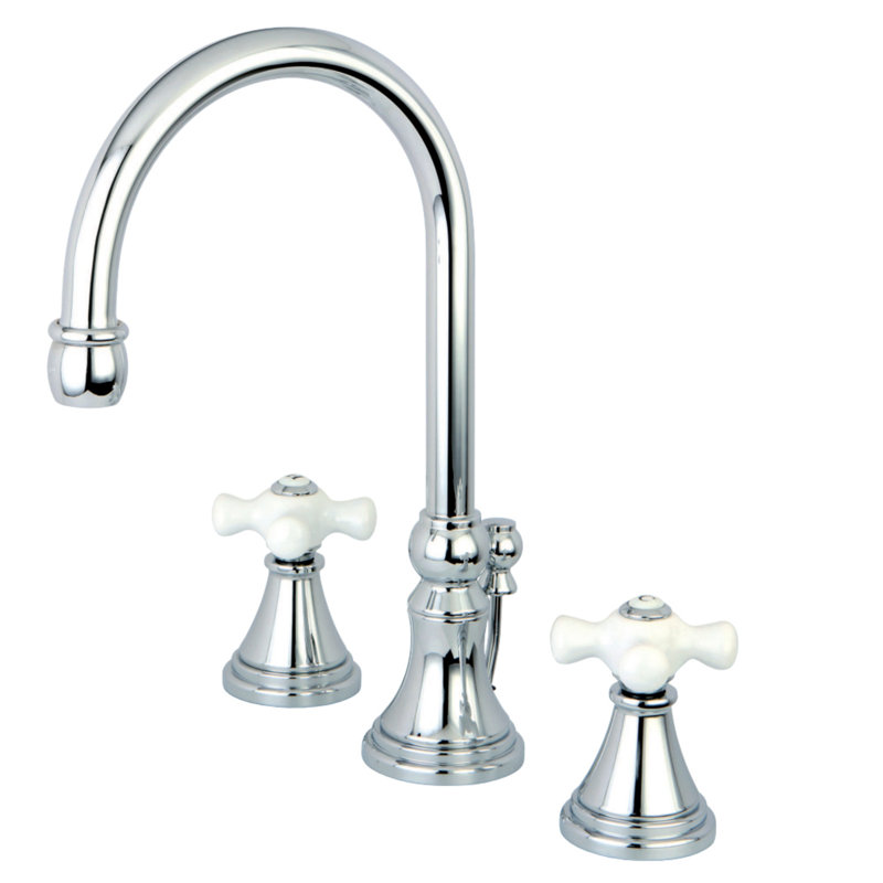 Kingston Brass Governor Two-Handle 3-Hole Deck Mount Widespread Bathroom Faucet with Brass Pop-Up Drain, Polished Chrome