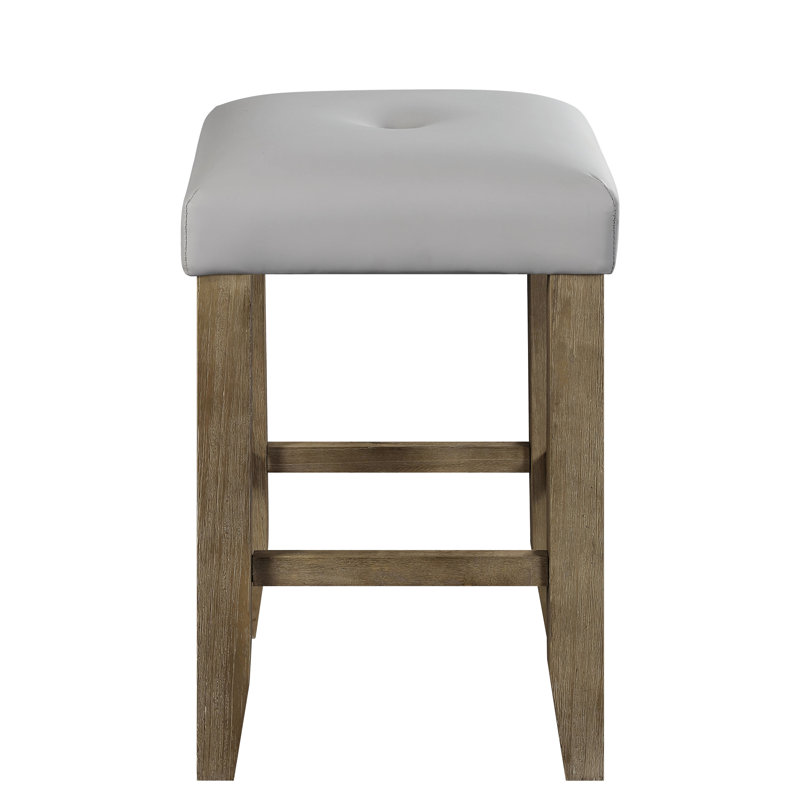 Gray Synthetic Leather & Oak Finish Counter Height Stool Of 2 With Padded Seat Cushion, Button Design, Storage Base, Tapered Legs, 60Mm Cushion Thickness, D22 Foam Density, 100Lbs Weight Capacity,