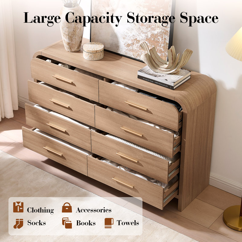Commode 8 tiroirs 54 po, Bois naturel
