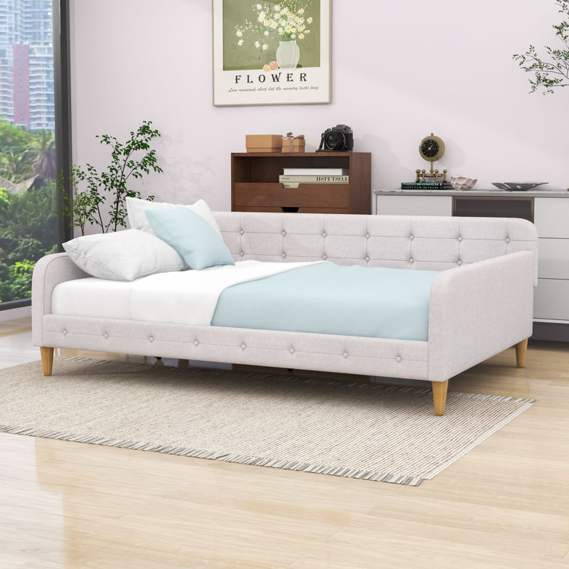 Lit de jour rembourré avec tissu en lin et structure en bois, Beige, Double