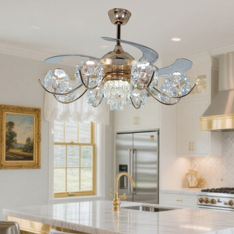 42'' Modern Gold Retractable Ceiling Fan With Light, Remote, And 3-colour Dimmable Led