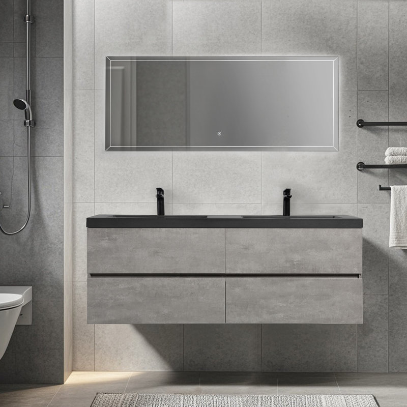 Meuble-lavabo mural mural flottant simple gris, 59"