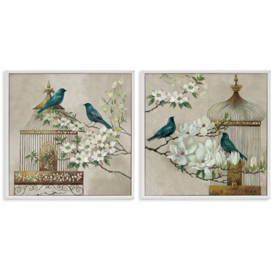 Spring Bluebirds Menagerie 2pc Framed Giclee Set, design by Elaine Vollherbst
