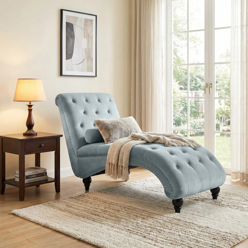 Chaise longue rembourrée Holcroft, Velours bleu brume