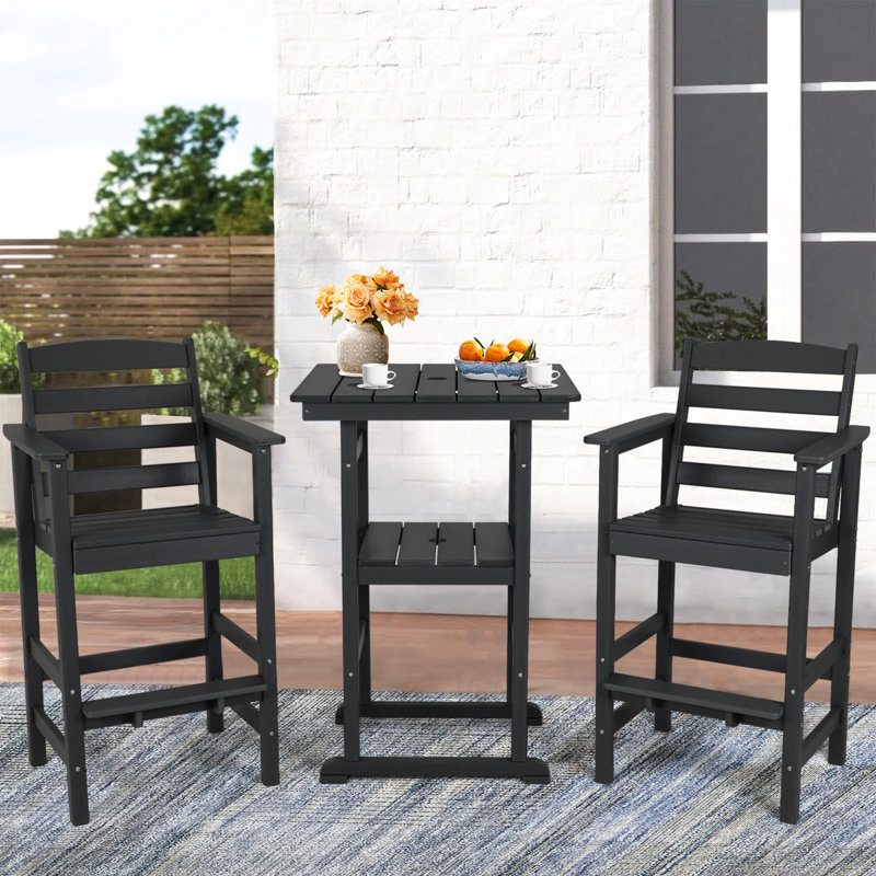 3 Piece Outdoor Adirondack Bar Chairs And Table, Black