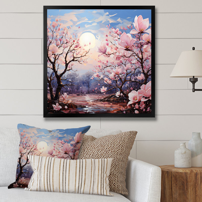 Motif de pointillisme rose et bleu sur fond de magnolia, H 16 po x l 16 po x P 1 po, Cadre photo noir