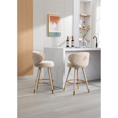 Tabourets de bar à hauteur de comptoir (2) - Structure, revêtement en velours, pieds en bois massif pour une cuisine séduisante