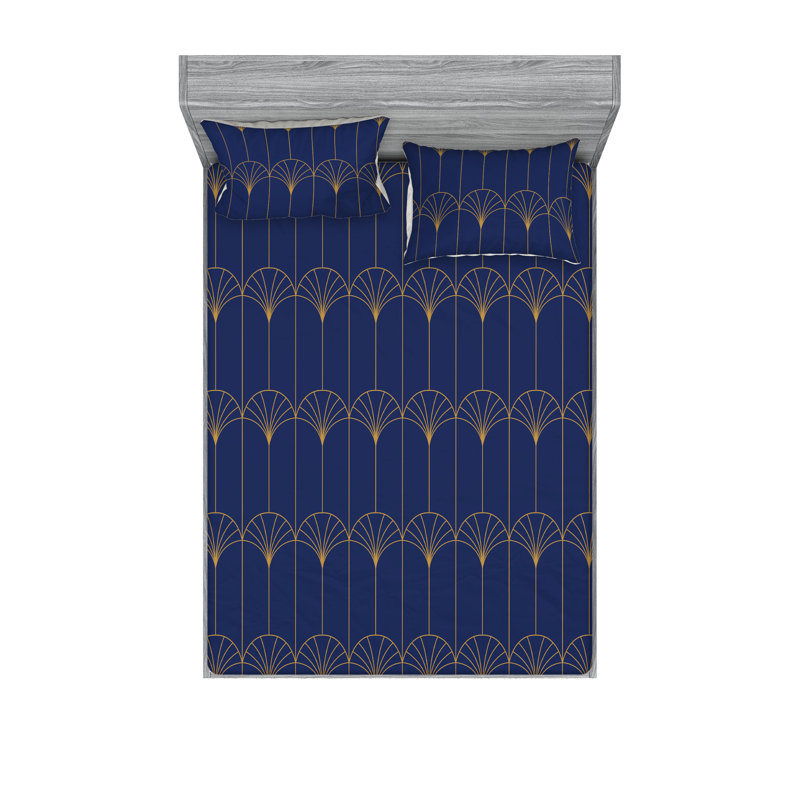 Microfiber Geometric Sheet Set, Full Sheet Set with 2 Pillowcases, Navy Blue