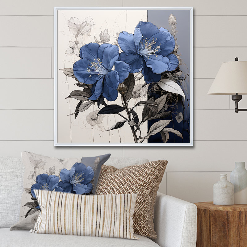 Impression florale sur fond de rhododendron, H 16 po x l 16 po x P 1 po, Cadre flottant blanc