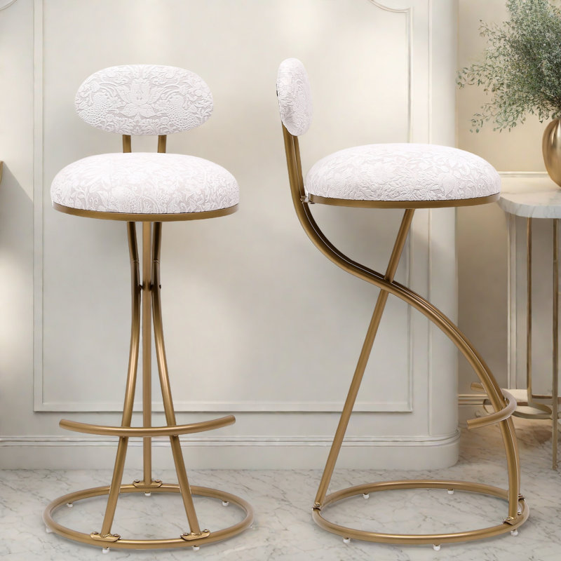 Round Bar Stools Set Of 2 With Floral Print Upholstered Seat And S-shaped Powder-coated Metal Frame, Gold