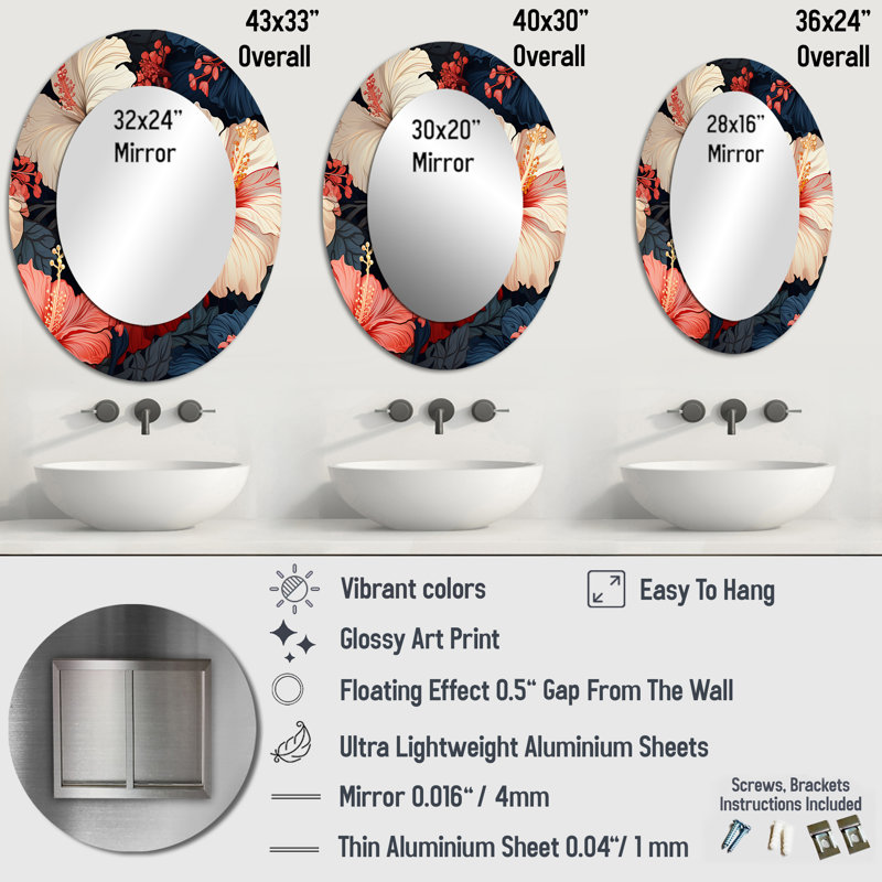 Hibiscus Twilight II motif tropical - Miroir décoratif floral ovale sur métal, H 36 po x l 24 po