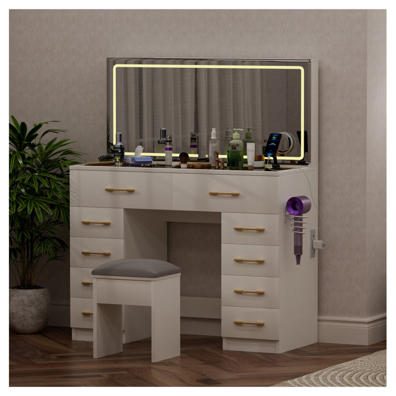 Meuble-lavabo blanc 46 po - 10 tiroirs, miroir lumineux + tabouret