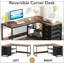 Bureau d'ordinateur en L 59 po avec tiroirs et tablettes de rangement, poste de travail de coin réversible, bureau d'écriture avec classeur