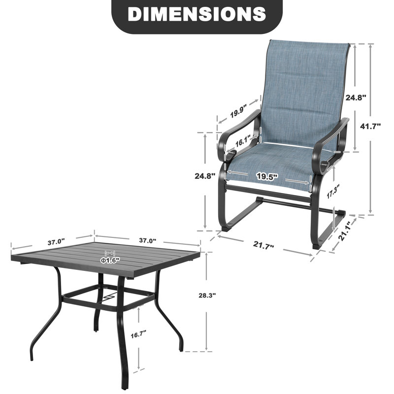 5pcs Padded PVC-coated polyester Patio Dining Set With Umbrella Hole, C-spring Motion