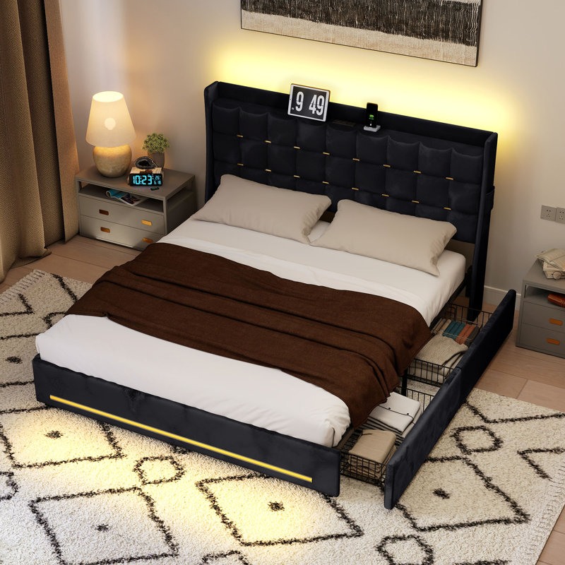  Structure de lit tapissier en velours Kind avec 4 tiroirs roulants et prises de courant, Noir