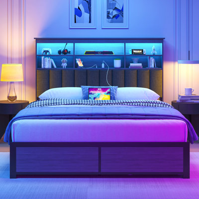 Bookcase Bed Frame, Upholstered Full bed frame with Storage Headboard, 4 Drawers, Charging Station & RGB Lights, Rustic Brown, All-Metal, Noise Free, No Box Spring Needed