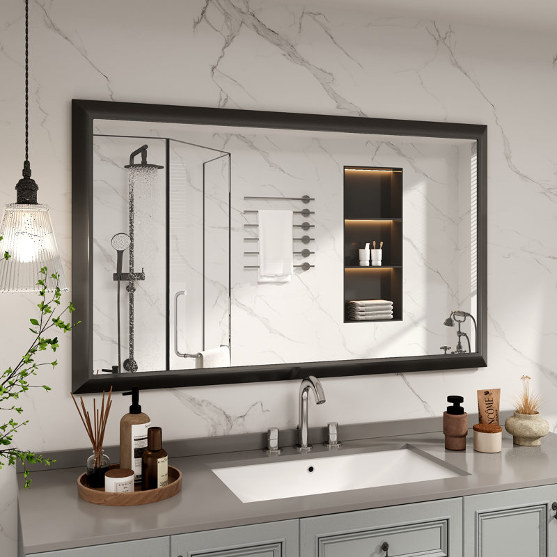 Molly Tempered Glass Metal Beveled Framed Wall Mounted Vanity Rectangular Mirror, 50" x 30", Black