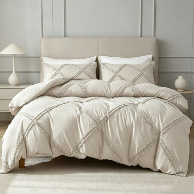 Beige Geometric Tufted Twin Duvet Cover Set 2‑Piece Boho High‑Density Microfiber Decorative Bedding