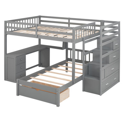 Lit superposé double au-dessus de simple avec bureau, tiroirs et tablettes, gris
