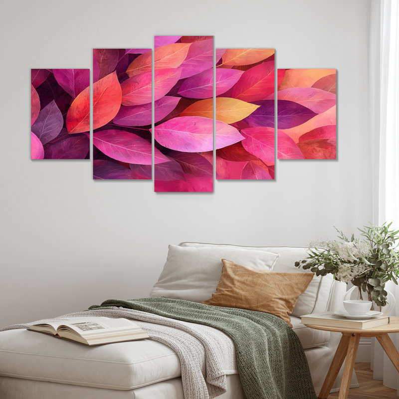 «Magenta Leaves Blossom I» - ensemble de décorations murales traditionnelles en forme de losange