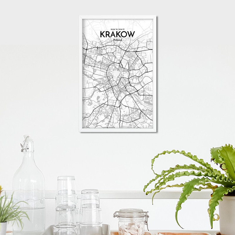 «Krakow City Map», impression de luxe, H 17 po x l 11 po, Gris / blanc