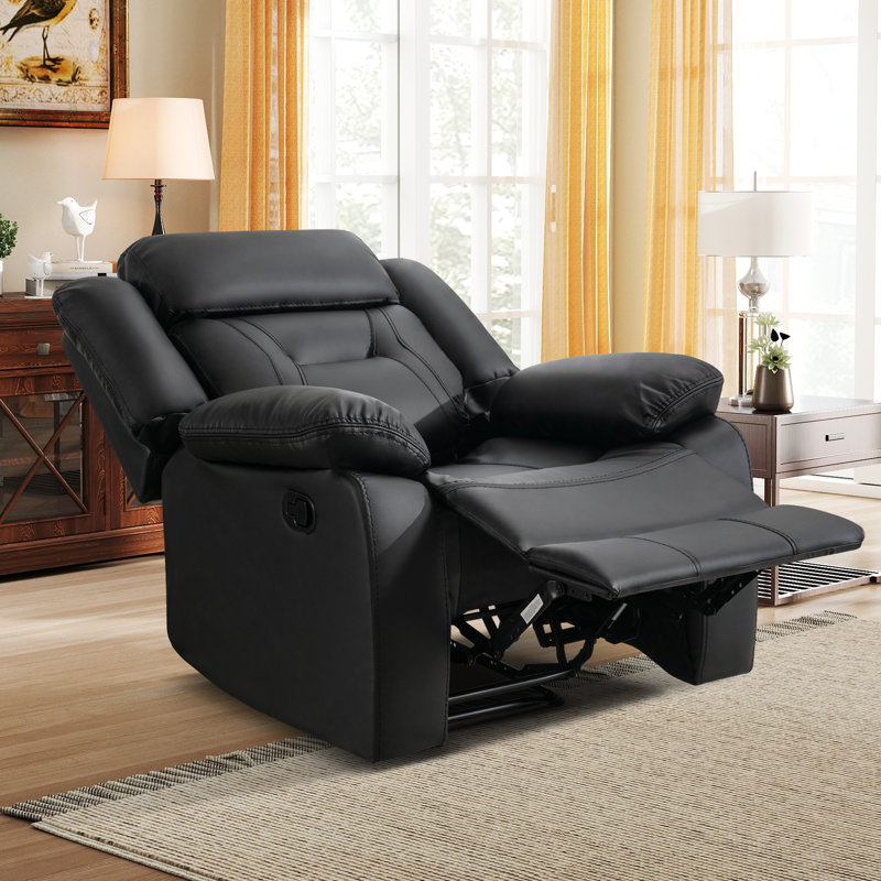 Etherine 36.6" Wide Modern and Overstuffed Black Faux Leather Manual Wall Standard Recliner, Black