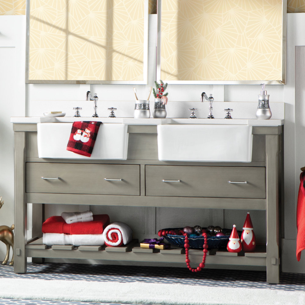 Hitton 60 " Pine Double Bathroom Vanity, Quartz, Weathered Gray