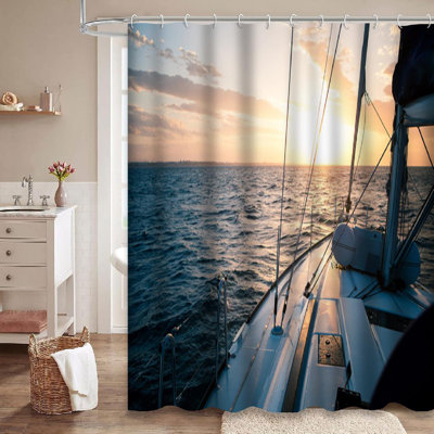 Sea Water Blue Sailing Yacht Sunset Open Sea Boat Luxury Water Adventure Angle Shower Curtain with 12 Hooks