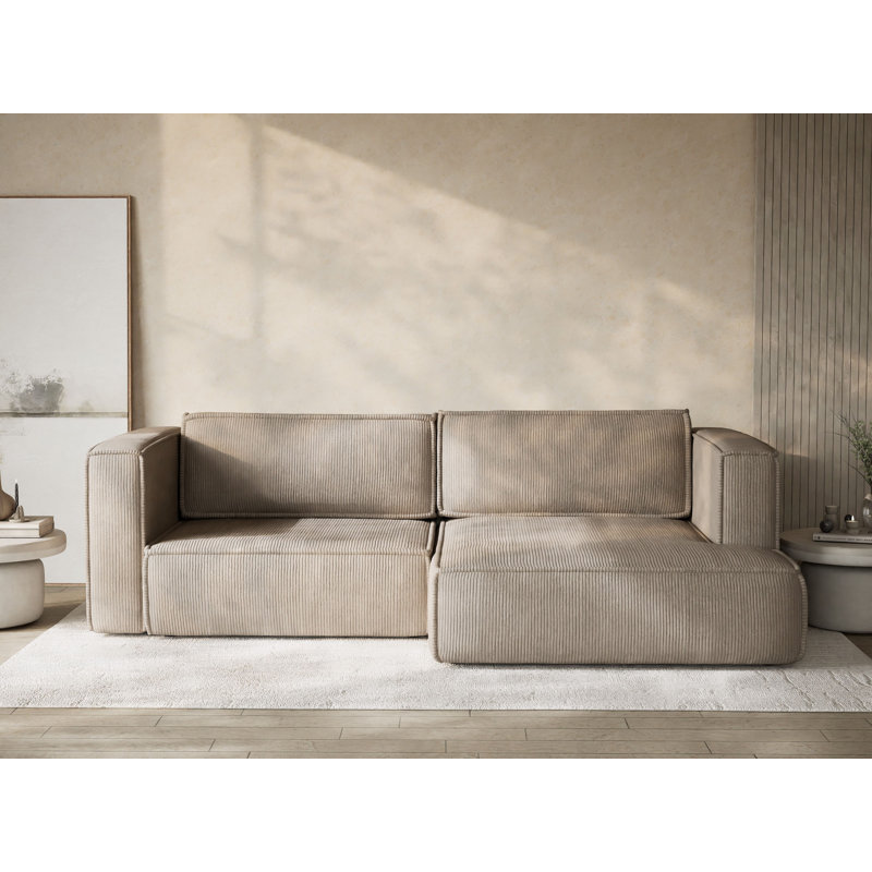 Four-Seater Corner Sofa With Bed Function, Right Hand Facing, Beige Polyester/Velvet
