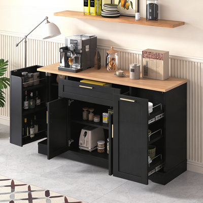 Buffet de rangement multifonctionnel avec table de salle à manger extensible, tablettes réglables et support coulissant à 3 niveaux pour une utilisation polyvalente dans la cuisine et le salon