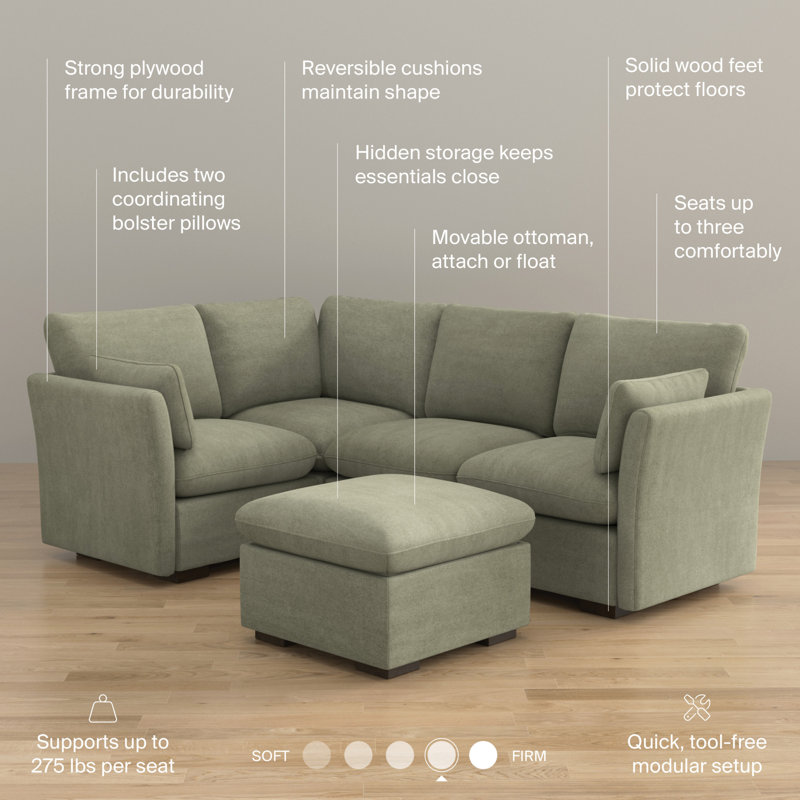 Canapé modulaire modulaire à 3 places avec repose-pieds et rangement, meubles de salon, Polyester vert doux