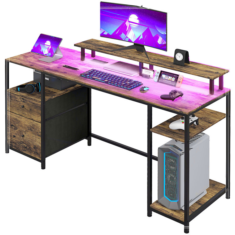 Computer Desk with LED Lights, USB Ports, Gaming Desk with Storage Shelves, Monitor Stand