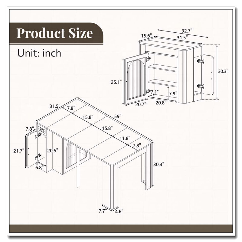 Table de salle à manger extensible avec 3 rallonges amovibles et armoire compacte