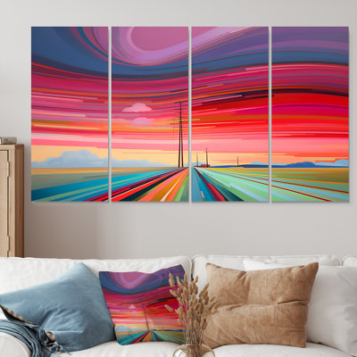 Red SunSet Mimal Country Road Horizontal Waves - Abstract Landscape Wall Art Decor, 4 pièces