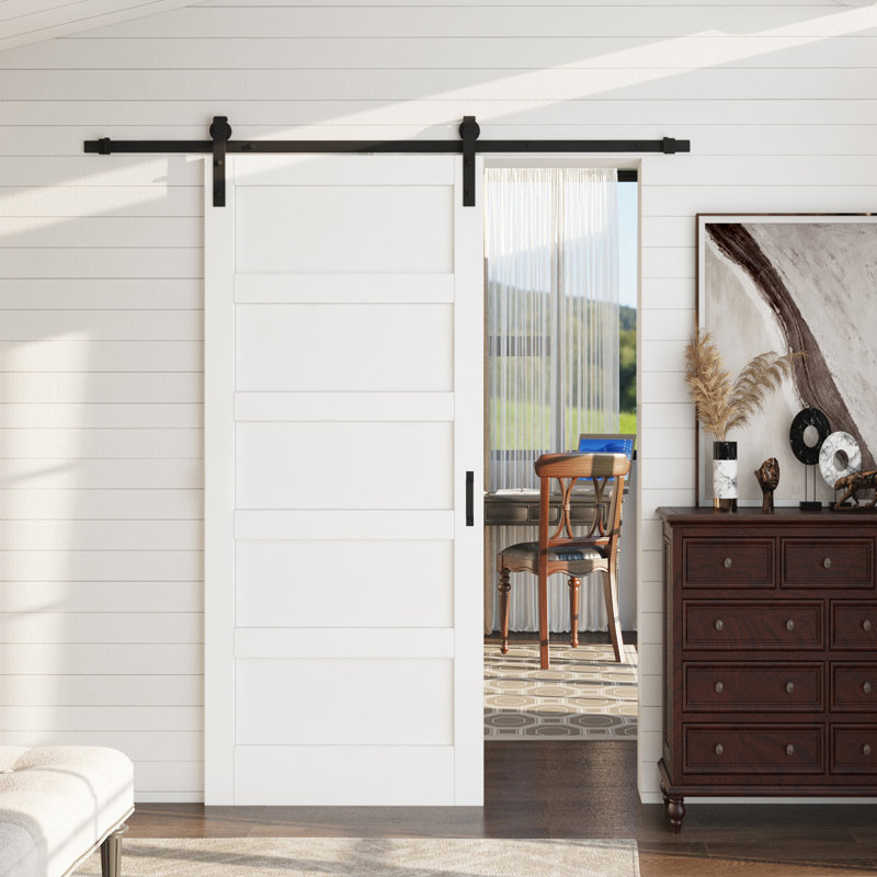 84"H × 36"W 5-Paneled White Solid Manufactured Wood Barn Door with Installation Hardware Kit (Assembly Required), 36" x 84"