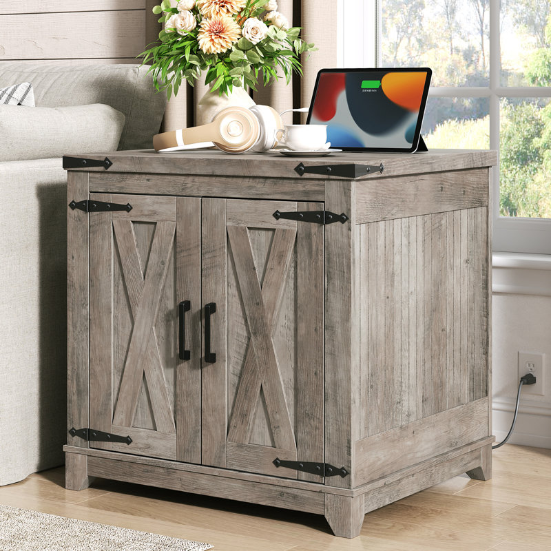 23.6" Farmhouse End Table, Large Sofa Side Table with Charging Station and Storage, Gray