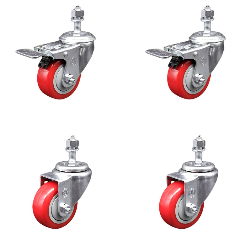 3 Inch SS Red Polyurethane ½ Inch Threaded Stem Caster Set 2 Total Lock Brake