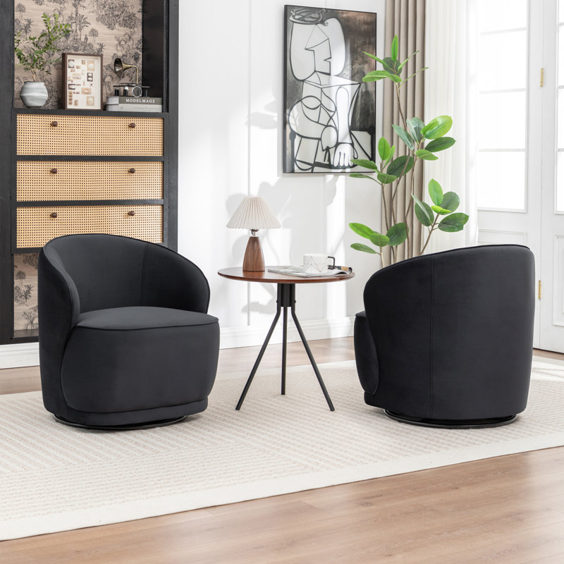 Fauteuil demi-tonneau pivotant en velours Stith, Velours noir