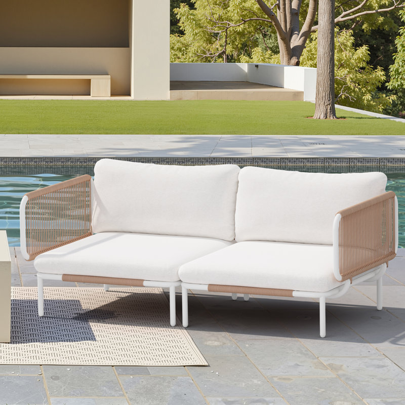 65" Wide Outdoor Loveseat With Cushions, Beige/Natural