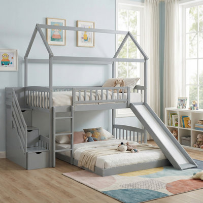 Lit simple superposé au-dessus d'un lit double, lit maison avec glissoire pour garçons et filles