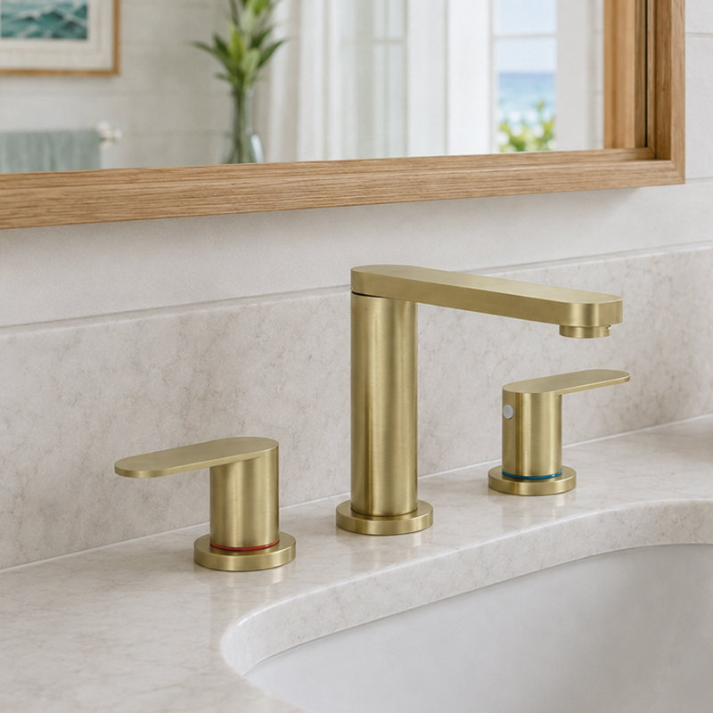 8 In. Waterfall Widespread 2-Handle Bathroom Faucet With Pop-Up Drain Assembly In Brushed Gold, Brushed Gold
