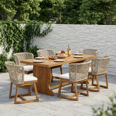 Hapeville Patio 7-Piece Acacia Wood Dining Set With Woven Wicker