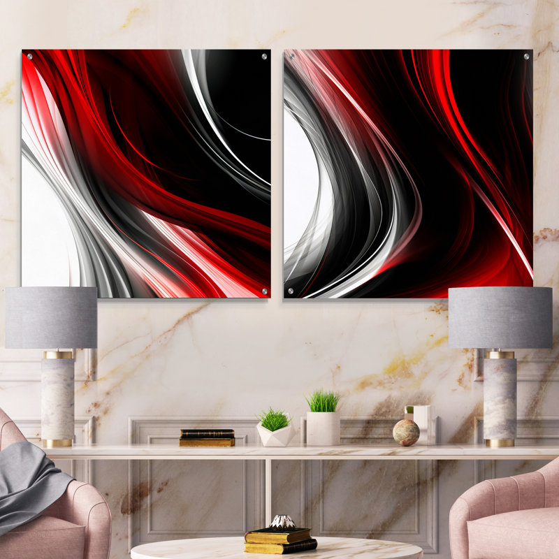 Rouge, noir, infini ondulations I - Abstrait moderne vagues en acrylique, ensemble d'art sur verre, H 36 po x l 73 po