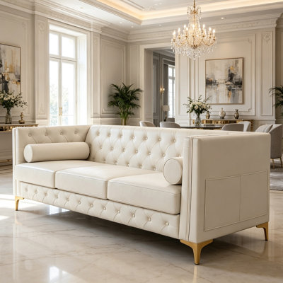 78.5" Mid‑Century Modern 3‑Seater Sofa Couch, Beige Faux Leather Button Tufted Deep Seat Sofa with Black Metal Legs & 2 Bolster Pillows for Living Room Apartment Office